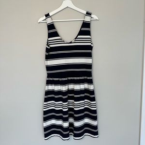 J. Crew scoop neck navy and white stripe button back dress